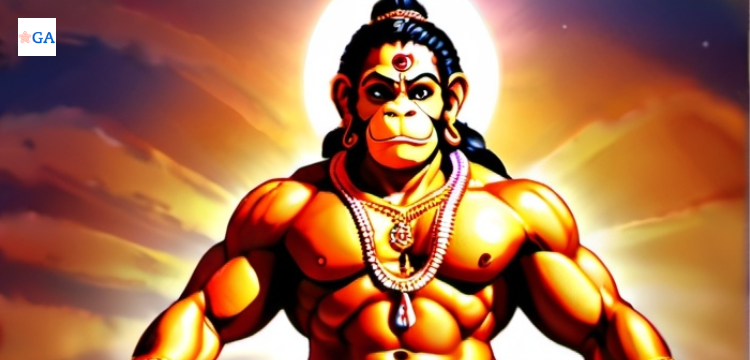 An artistic depiction of Hanuman Ji, the Hindu deity, portrayed with a radiant aura illuminating his divine form