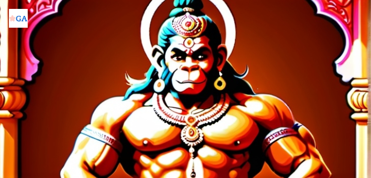 An impressive depiction of Lord Hanuman, radiating strength and determination, symbolizing the mighty power portrayed in the 'Hanuman Chalisa'