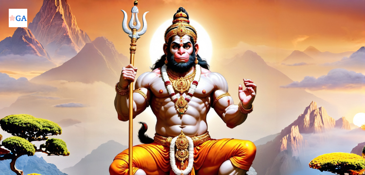 Hanuman Ji in a powerful pose holding a trident, set against a majestic mountainous background