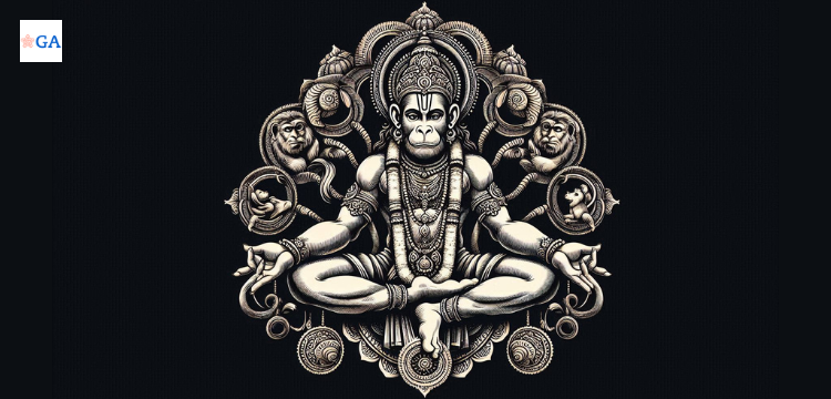 Intricate illustration of Hanuman Ji in a meditative pose, surrounded by detailed symbols and smaller monkey figures